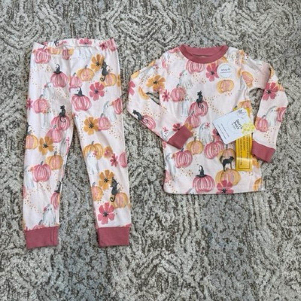 NWT Burt's Bees Toddler PJ Set Fall Pumpkin Ghost Organic Cotton 2T Pink Organic